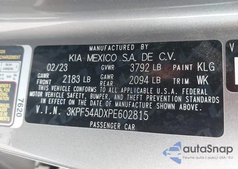 2023 Kia Forte Gt-Line z USA, uszkodzony, nr VIN 3KPF54ADXPE602815